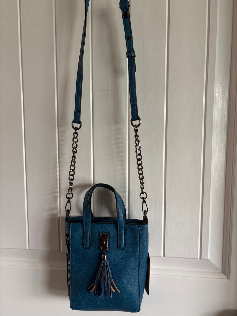 Blue Mini Crossbody Tote with Tassel Accent